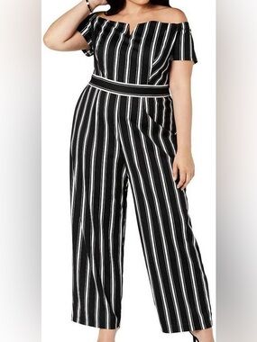 NWT Teeze Me Black White Stripe Wide Leg Jumpsuit Off Shoulder Size 14